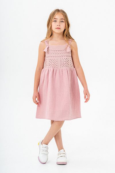 Cansın Mini Pink Lace Detailed Muslin Girl's Dress 21084