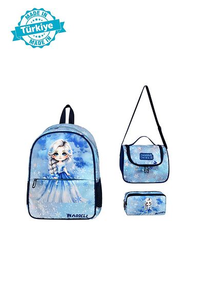 Waddell Rucsac pentru grădiniță preșcolară cu tematică Ice Girl, cutie de prânz și suport pentru stilou, set de 3 bucăți pentru grădiniță