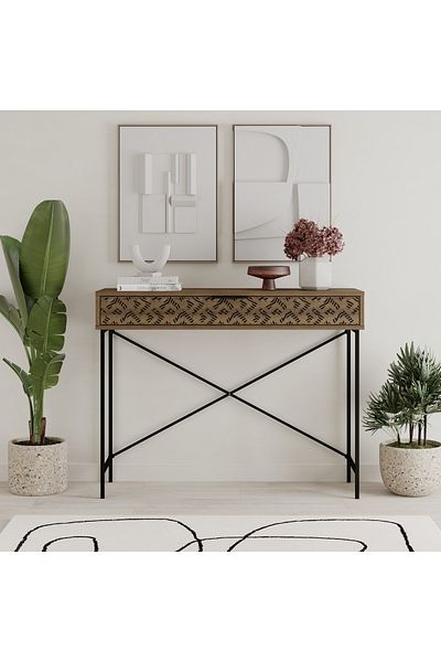 Mourah Home Heaton Console Remastered - Decorative Drawer, Slim Black Metal Frame, Modern Entryway Storage