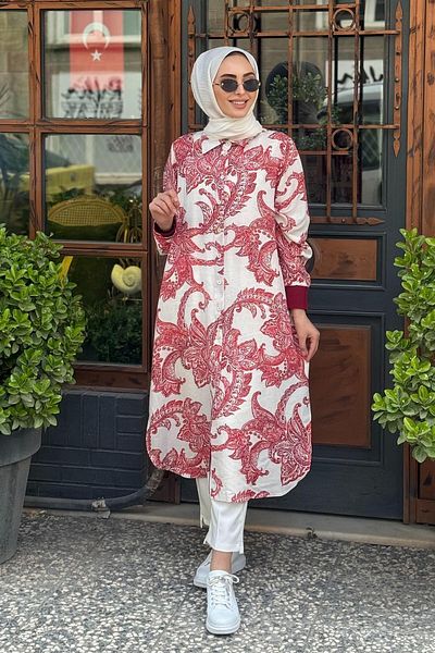 FUAT GÜRSEN Ethnic Patterned Long Tunic with Cuff Sleeves