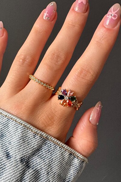 H&E DESIGN Kadın Gold Renkli Lotus Çiçeği Kararmaz Ayarlanabilir Yüzük Seti