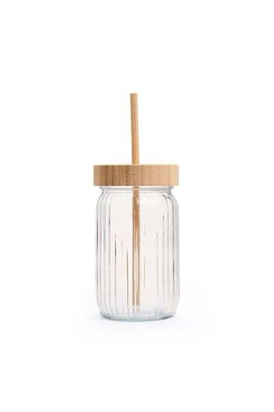 MATMEL Houseware Bamboo Lid Glass Cup with Straw - Transparent - 500 ml