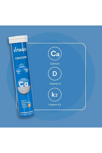 Vitago Calcium Effervescent Tablet, Vitamin D3, K2 - 20 Tablets