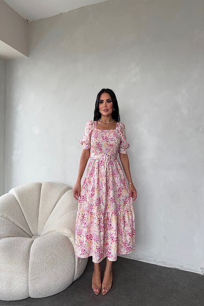 LİLA İSTANBUL Square Neck Floral Summer Dress with Gipeli Belt Detail