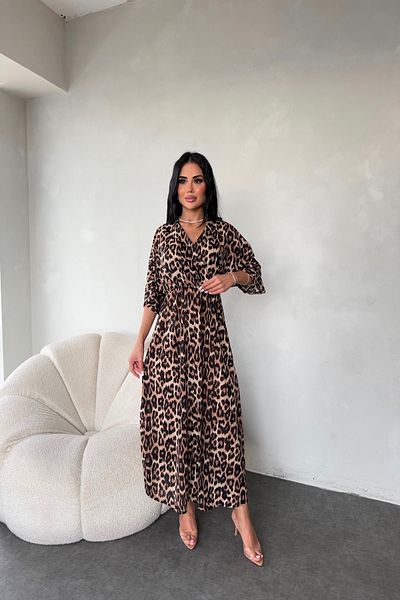 LİLA İSTANBUL Double Breasted Collar Leopard Print Viscose Fabric Summer Dress