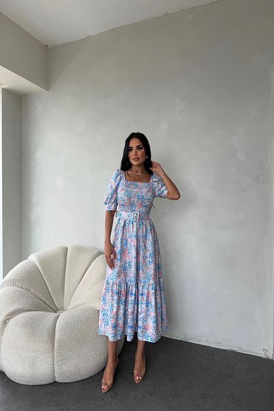 LİLA İSTANBUL Square Neck Floral Summer Dress with Gipeli Belt Detail