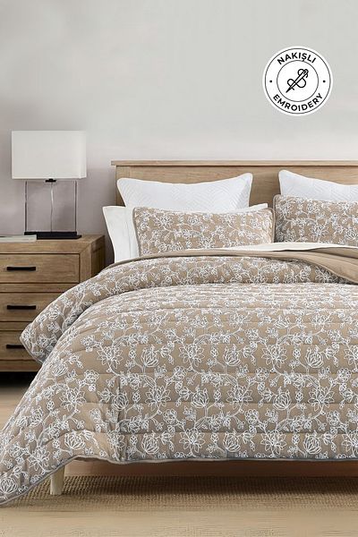 Evlen Home Collection Double Cotton Bed Set - Perla Embroidery, Fiber Filled, Soft 3 Pieces Beige