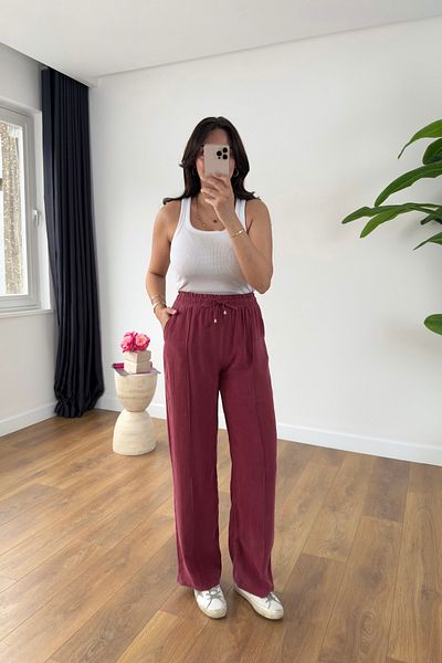 BİRCANÇİL Md Benis Burgundy Palazzo Trousers with Stripes on the Front