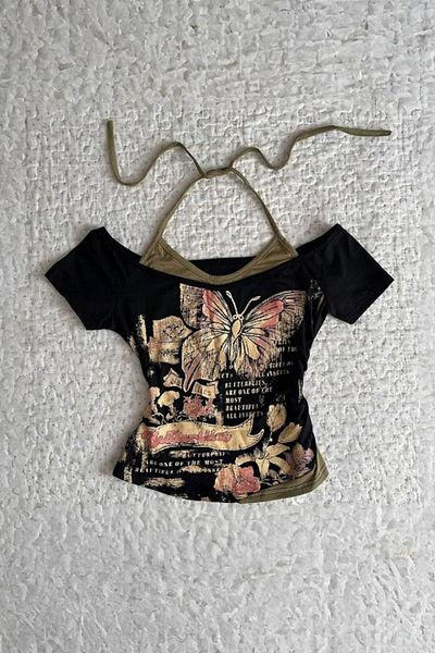 Köstebek Black Butterfly Madonna Collar Short Sleeve Full Body Crop T-Shirt with Additional Strap