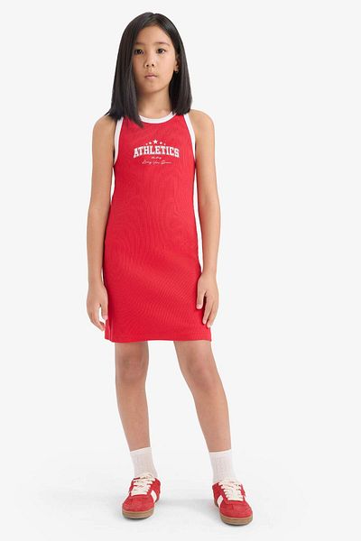 DeFacto Bedrucktes, geripptes, ärmelloses Camisole-Kleid für Mädchen B4491A825SM