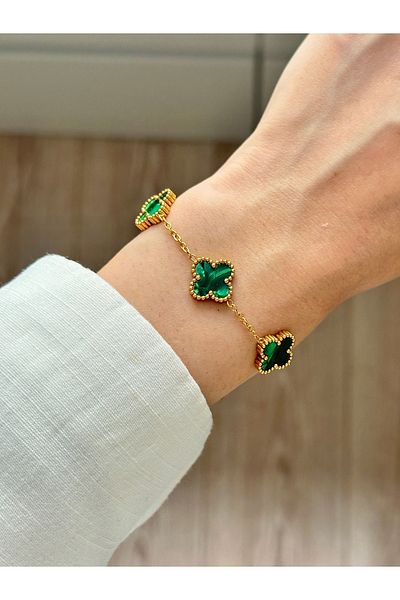 YOUES JEWELRY 316L Steel Clover Pearlescent Green Bracelet Women's Bracelet Gold Double Sided Bracelet