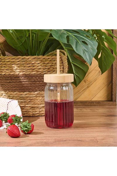 MATMEL Houseware Bamboo Lid Glass Cup with Straw - Transparent - 500 ml