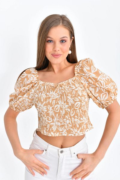 Park Karon Bluză crop cu mâneci balon cu model floral pentru femei
