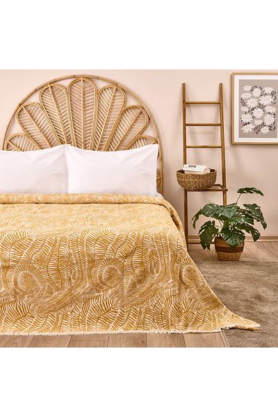 MATMEL Leaf Patterned Double Bedspread - Yellow - 225X250 cm