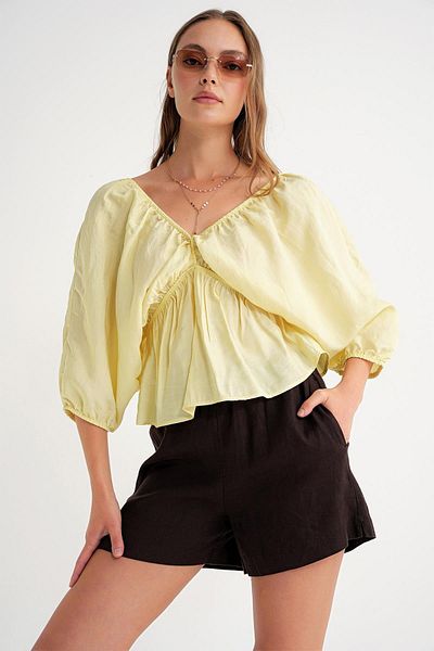 Mixray 4703 Women's V-Neck Elastic Modal Blouse Yellow
