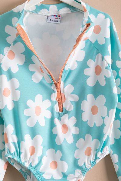 Cansın Mini Girl's Flower Printed Water Green Swimsuit 21127