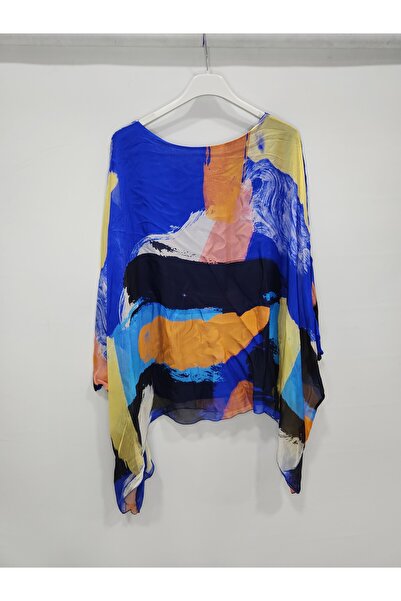 della moor Saks Blue Italian Color Pattern Bat Sleeve Silk Blended Blouse