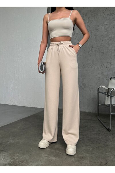 pantofashion Kadın Bej Modal Kumaş Bol Paça Beli Bağcıklı Yüksek Bel Palazzo ...