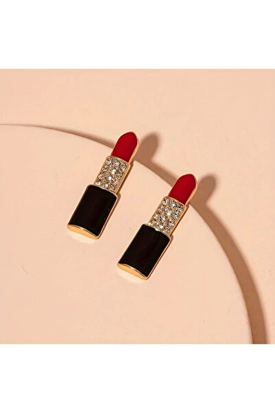 WasWink 18 Ayar Altın Kaplama, Kırmızı Renk Mozaik Parıldayan Ince Model Ruj Tasarımı, Taşlı Küpe