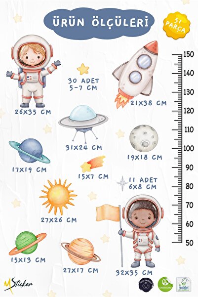 MSticker Astronotlar, Uzay ve Gezegenler Temalı Temalı Boy Ölçer Boy Cetveli Sticker Seti Çocuk