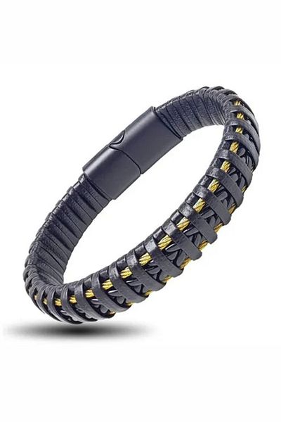 OSMANLI GÜMÜŞ Yellow Detailed Knitted Leather Men's Bracelet