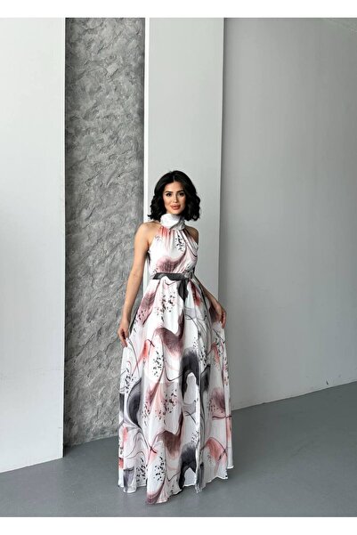 LACASE Kadın Çiçek Desenli Halter Yaka Şifon Uzun Elbise