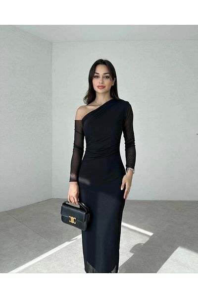 Silerra Rochie de damă cu mânecă lungă, cu umăr decoltat, căptușită în interior, lungime midi, din tul