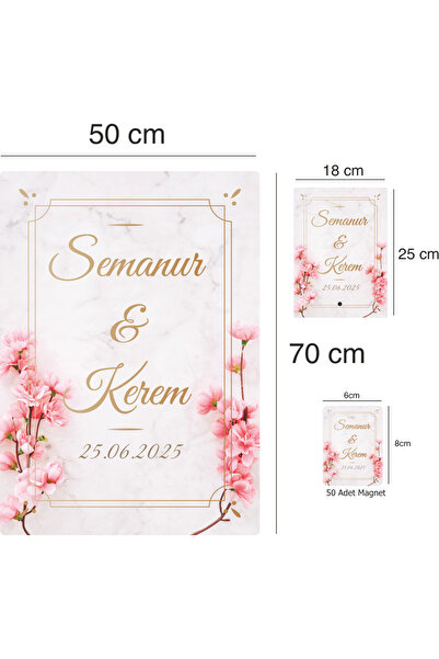 estölye Söz, Nişan, Düğün, Nikah Ahşap Dijital Baskı Karşılama Panosu + Masaüstü İsimlik + 50 Adet Magnet