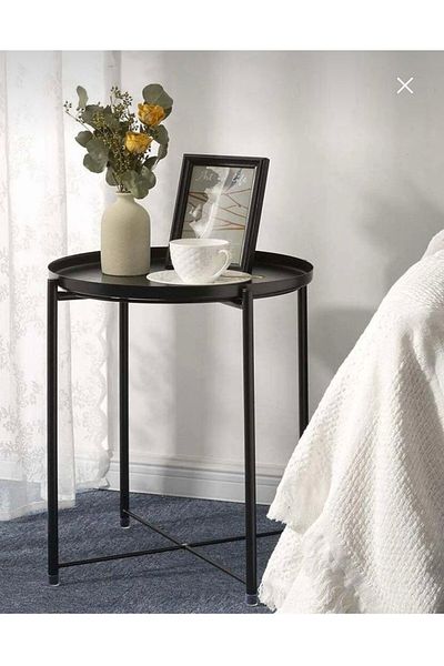 Un Black Metal Round Serving Table with Detachable Top Tray - 50x50x60 cm
