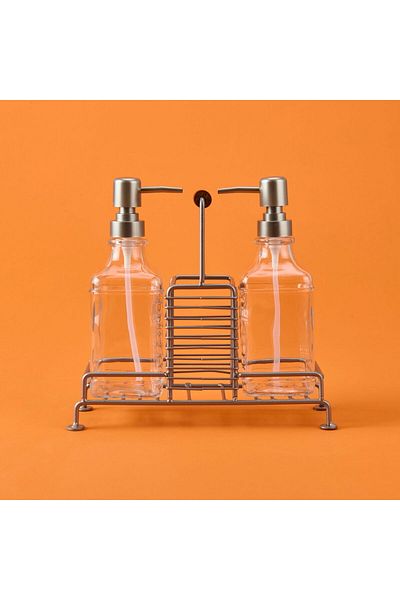 MATMEL Dozator de săpun lichid din sticlă Bland din 2 piese cu suport metalic - transparent / gri - 200 ml