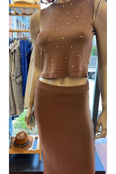 DOLCE QUEEN Women's Stylish Pearl Detailed Blouse-Skirt Summer Knitwear Set