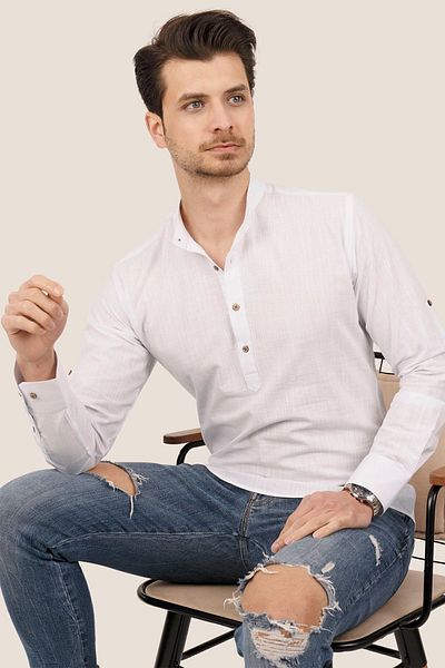 Etikmen Men's Linen Shirt - White, High Collar, Three Buttons, Gift Box