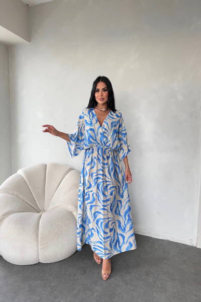 LİLA İSTANBUL Καλοκαιρινό φόρεμα με διπλό γιακά με μανίκια με έθνικ σχέδιο