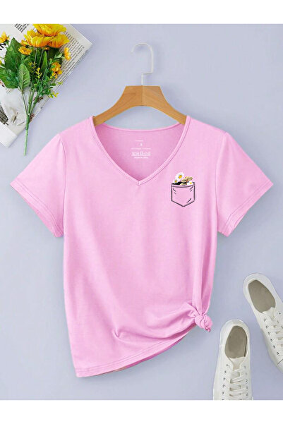 FAVORİST Tricou de bază din bumbac cu decolteu în V cu imprimeu floral (confo...