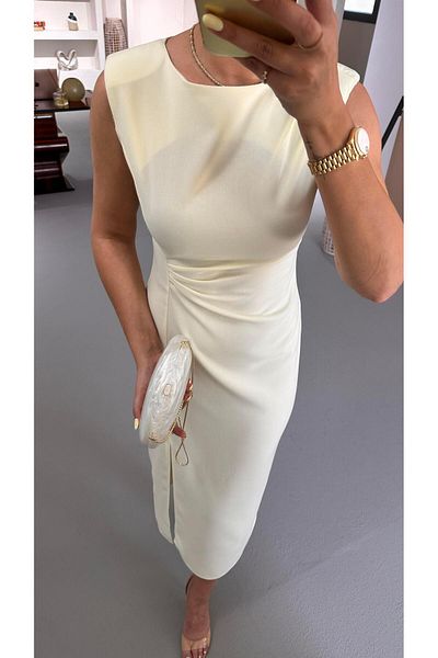 Sezgi Tekin Waist Draped Slit Detail Pastel Yellow Midi Dress