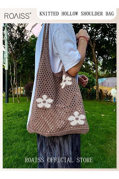 ROAISS Women's Shoulder Bag Tote Bag Flower Pattern Knitted Bag Hollow