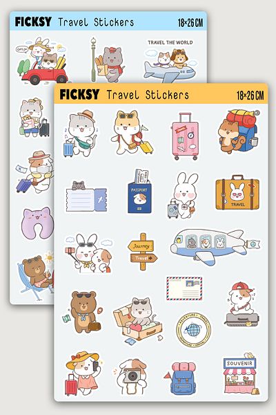 Ficksy Kawaii Style Cute Animals Travel Themed Sticker Set - 35 Pieces of Sticker Stickers