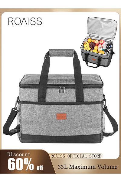 ROAISS Outdoor 33L Large Cooler Bag Insulated Handbag Reusable Waterproof Oxford Ice Refrigerated Lightweig