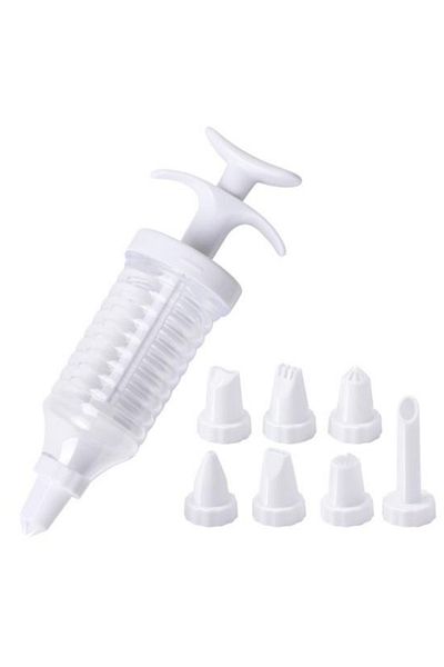 zola Cake decorating syringe, 8 tips, different patterns, ergonomic shape, plastic, white, 15,5x6 cm