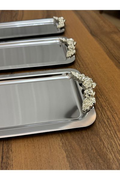 Elzemm store Stainless Steel 3 Pieces Rectangular Silver Handle Service and Presentation Tray