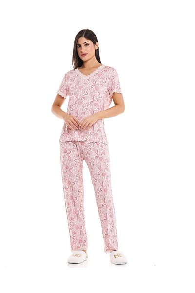 R&B Pink Printed V-Neck Pyjama Set