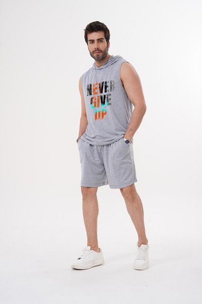 ACTIVE MODA Men's -Never Give up -Printed Sports Singlet - Shorts Set 2-Pack Large Size Cotton