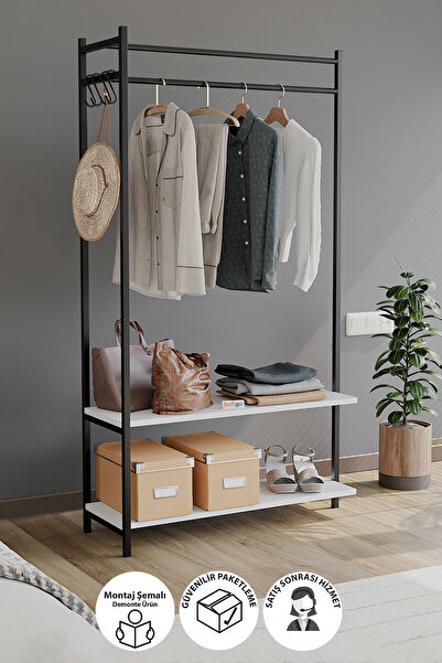 Bofigo Konfeksiyon Askısı Ayaklı Askılık Elbise Askılığı Raflı Askılık Jüpiter Beyaz