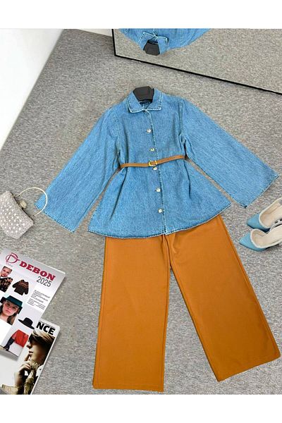 zümrüt moda Belted Denim Jacket and Wide Leg Pants, Double Denim Suit 1797