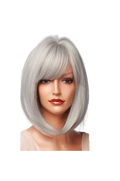 animis beauty Peruca bob Gri Silver, fibra sintetica cu aspect natural, par mediu drept, cu breton, 30 cm