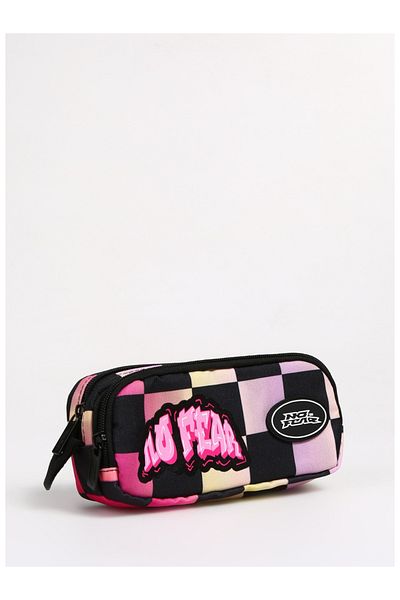No Fear Pencil Bag 03586 Pink Yellow Checker Double Compartment