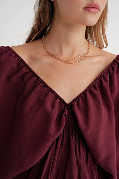 Mixray 4703 Women's V-Neck Elastic Modal Blouse Claret Red