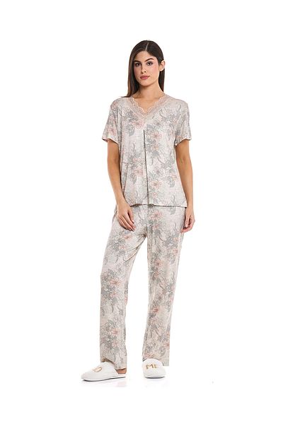R&B Beige Printed Pyjama Set