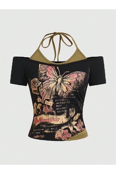 Köstebek Black Butterfly Madonna Collar Short Sleeve Full Body Crop T-Shirt with Additional Strap