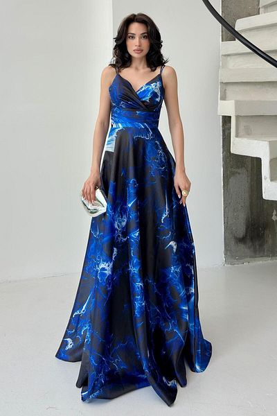 Serica Moda Saks Patterned Strap Lined Organza Evening Dress